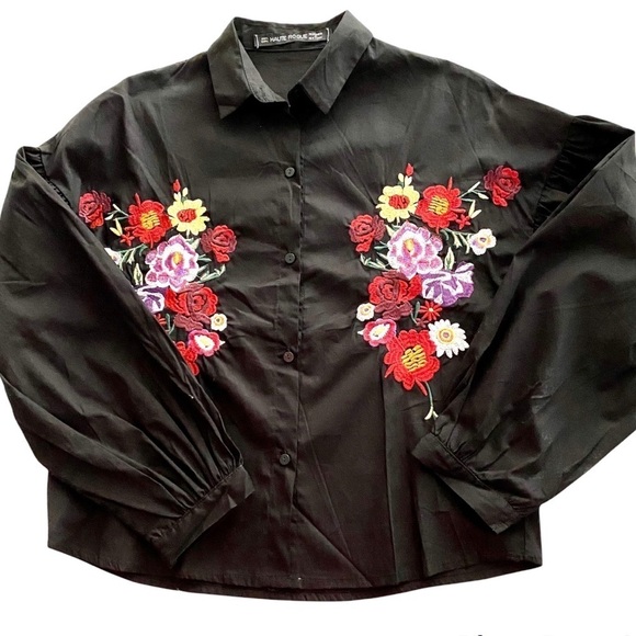 Haute Rouge Black Floral Blouse M/L Cropped Button-up Cotton Boho Embroidered - Picture 5 of 12